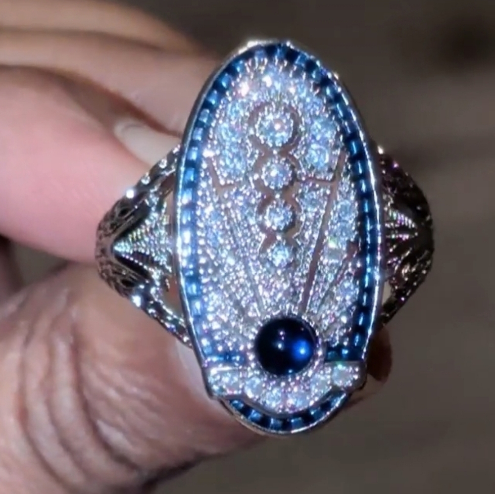 Art Deco Style Lab Created diamond Sapphire Wedding 14k White Gold Plated Sz 10 - Picture 8 of 15